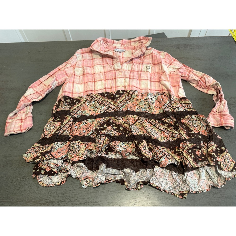 Old Navy Upcycled Plaid Flannel Boho Tunic Shirt Pink Floral Lace Ruffle Large